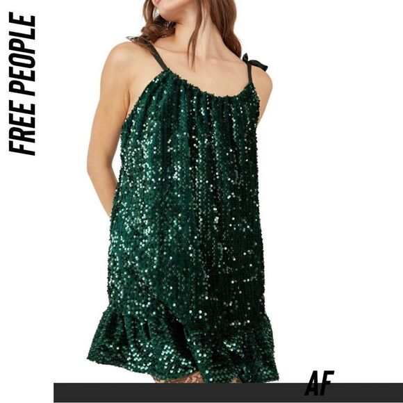 FREE PEOPLE NOVA MINI DRESS SEQUINED EMBELLISHED IN EMERALD NEW - Picture 4 of 8